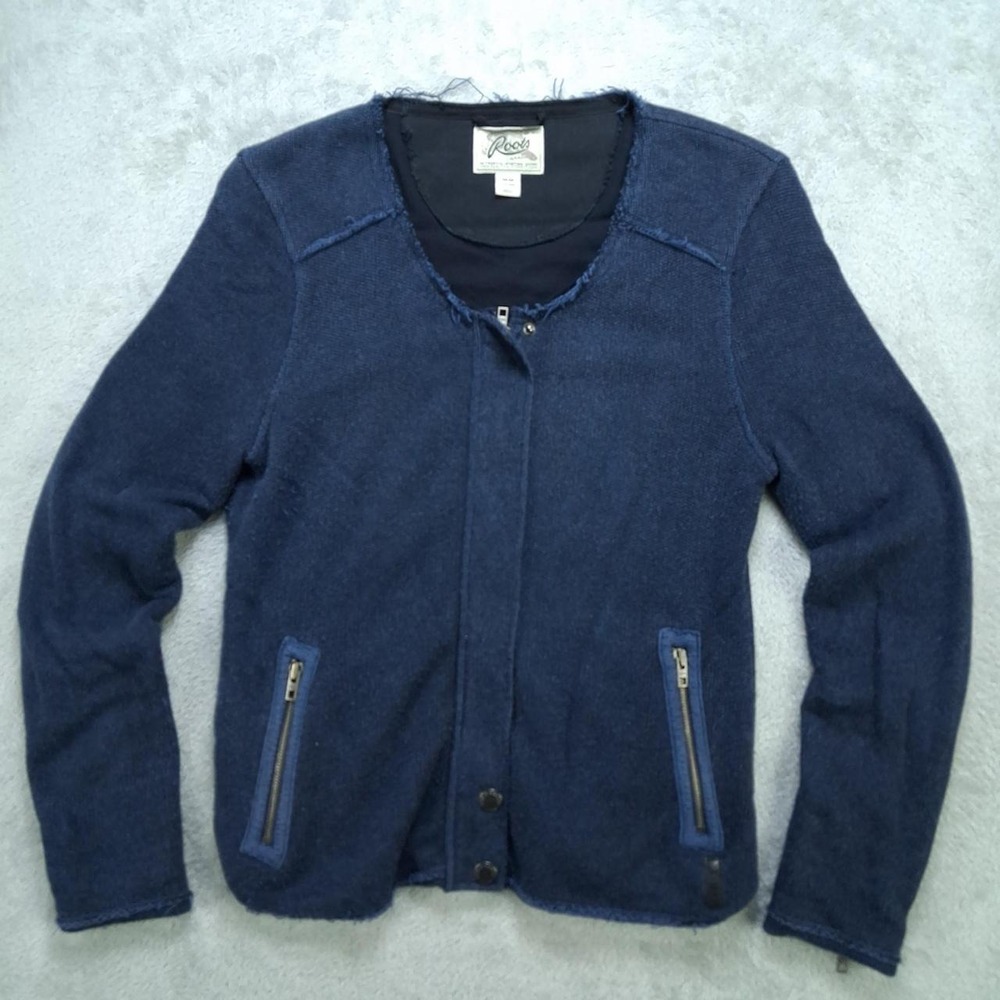 Roots Canada Womens Navy Blue Full Zip Knit Jacket Raw Edge Moto Distressed M